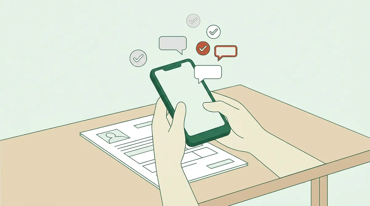 スマートフォンで書類を撮影してチェックする手元