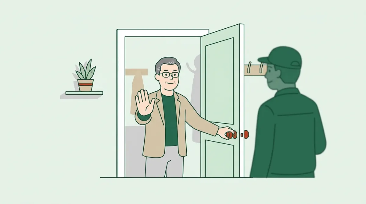 玄関で手のひらを向けて業者をはっきり断る男性